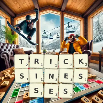 Creative illustration for a Scrabble game with the word TRICKSINESSES spelled out in tiles on the board.