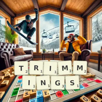 Creative illustration for a Scrabble game with the word TRIMMINGS spelled out in tiles on the board.