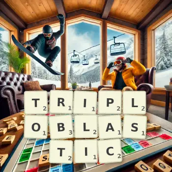 Creative illustration for a Scrabble game with the word TRIPLOBLASTIC spelled out in tiles on the board.