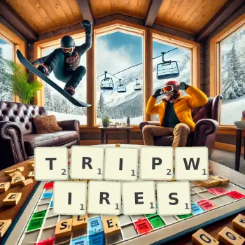 Creative illustration for a Scrabble game with the word TRIPWIRES spelled out in tiles on the board.