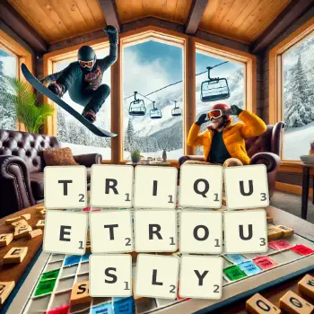 Creative illustration for a Scrabble game with the word TRIQUETROUSLY spelled out in tiles on the board.