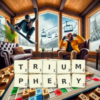 Creative illustration for a Scrabble game with the word TRIUMPHERY spelled out in tiles on the board.