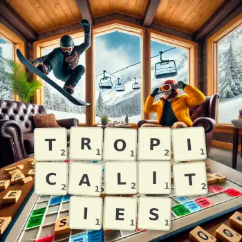 Creative illustration for a Scrabble game with the word TROPICALITIES spelled out in tiles on the board.