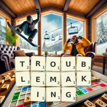 Creative illustration for a Scrabble game with the word TROUBLEMAKING spelled out in tiles on the board.