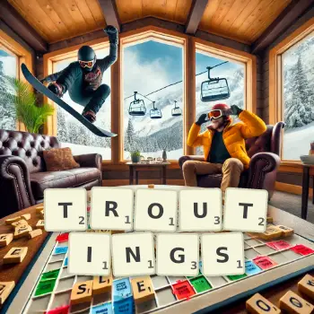 Creative illustration for a Scrabble game with the word TROUTINGS spelled out in tiles on the board.