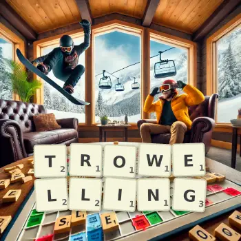 Creative illustration for a Scrabble game with the word TROWELLING spelled out in tiles on the board.