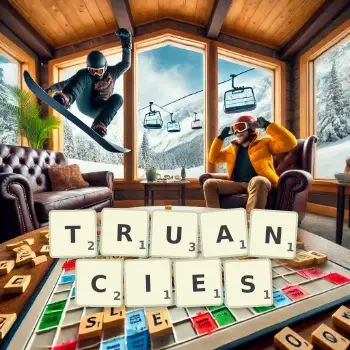 Creative illustration for a Scrabble game with the word TRUANCIES spelled out in tiles on the board.
