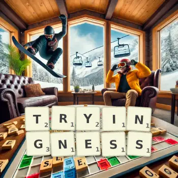 Creative illustration for a Scrabble game with the word TRYINGNESS spelled out in tiles on the board.