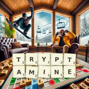 Creative illustration for a Scrabble game with the word TRYPTAMINE spelled out in tiles on the board.