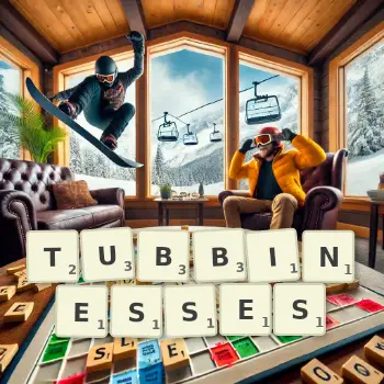 Creative illustration for a Scrabble game with the word TUBBINESSES spelled out in tiles on the board.