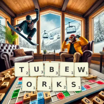 Creative illustration for a Scrabble game with the word TUBEWORKS spelled out in tiles on the board.