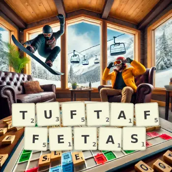 Creative illustration for a Scrabble game with the word TUFTAFFETAS spelled out in tiles on the board.