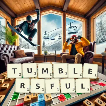 Creative illustration for a Scrabble game with the word TUMBLERSFUL spelled out in tiles on the board.