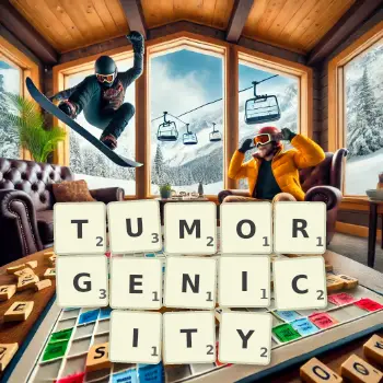 Creative illustration for a Scrabble game with the word TUMORGENICITY spelled out in tiles on the board.