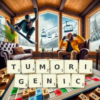 Creative illustration for a Scrabble game with the word TUMORIGENIC spelled out in tiles on the board.