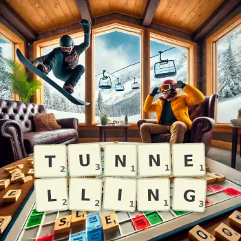 Creative illustration for a Scrabble game with the word TUNNELLING spelled out in tiles on the board.
