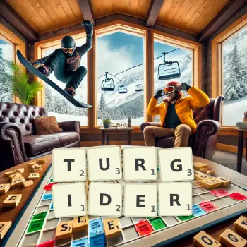 Creative illustration for a Scrabble game with the word TURGIDER spelled out in tiles on the board.