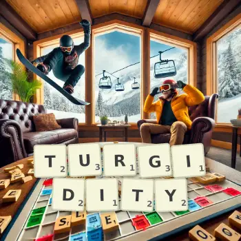 Creative illustration for a Scrabble game with the word TURGIDITY spelled out in tiles on the board.