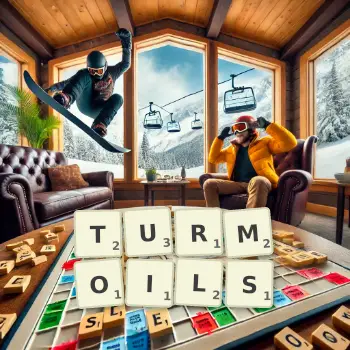 Creative illustration for a Scrabble game with the word TURMOILS spelled out in tiles on the board.