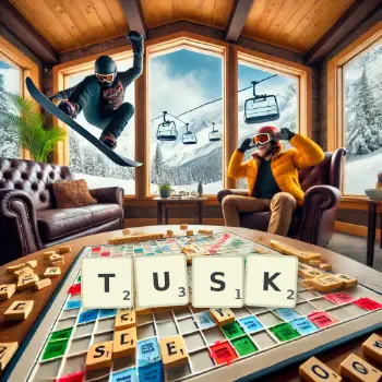 Creative illustration for a Scrabble game with the word TUSK spelled out in tiles on the board.