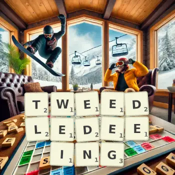 Creative illustration for a Scrabble game with the word TWEEDLEDEEING spelled out in tiles on the board.