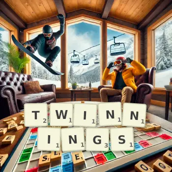 Creative illustration for a Scrabble game with the word TWINNINGS spelled out in tiles on the board.