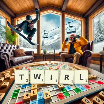 Creative illustration for a Scrabble game with the word TWIRL spelled out in tiles on the board.