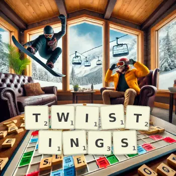 Creative illustration for a Scrabble game with the word TWISTINGS spelled out in tiles on the board.
