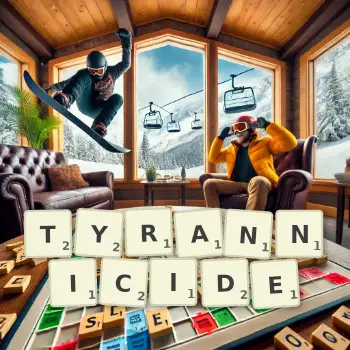 Creative illustration for a Scrabble game with the word TYRANNICIDE spelled out in tiles on the board.
