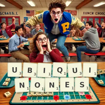 Creative illustration for a Scrabble game with the word UBIQUINONES spelled out in tiles on the board.