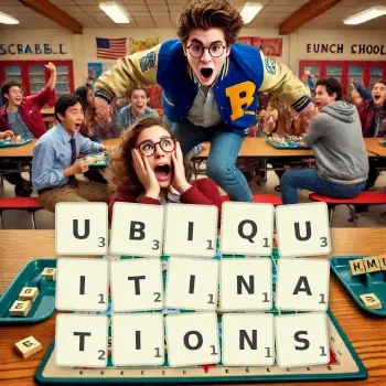 Creative illustration for a Scrabble game with the word UBIQUITINATIONS spelled out in tiles on the board.