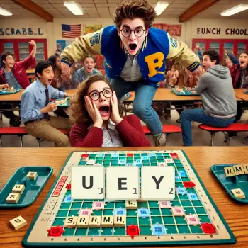 Creative illustration for a Scrabble game with the word UEY spelled out in tiles on the board.