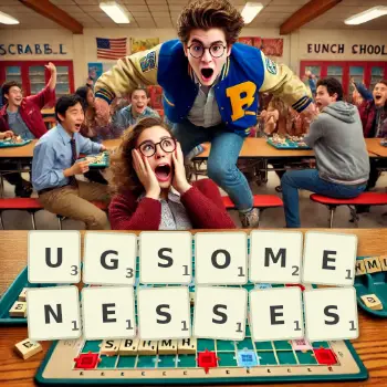 Creative illustration for a Scrabble game with the word UGSOMENESSES spelled out in tiles on the board.