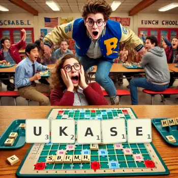 Creative illustration for a Scrabble game with the word UKASE spelled out in tiles on the board.