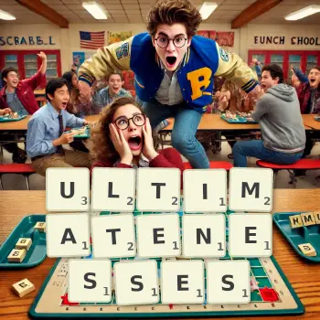 Creative illustration for a Scrabble game with the word ULTIMATENESSES spelled out in tiles on the board.