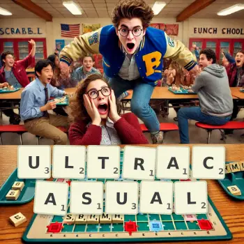Creative illustration for a Scrabble game with the word ULTRACASUAL spelled out in tiles on the board.