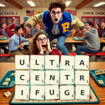 Creative illustration for a Scrabble game with the word ULTRACENTRIFUGE spelled out in tiles on the board.