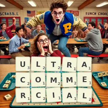 Creative illustration for a Scrabble game with the word ULTRACOMMERCIAL spelled out in tiles on the board.