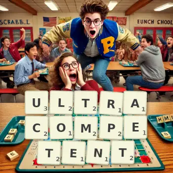 Creative illustration for a Scrabble game with the word ULTRACOMPETENT spelled out in tiles on the board.
