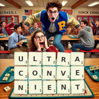 Creative illustration for a Scrabble game with the word ULTRACONVENIENT spelled out in tiles on the board.