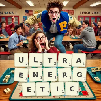 Creative illustration for a Scrabble game with the word ULTRAENERGETIC spelled out in tiles on the board.