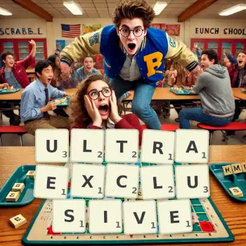 Creative illustration for a Scrabble game with the word ULTRAEXCLUSIVE spelled out in tiles on the board.