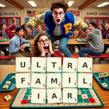 Creative illustration for a Scrabble game with the word ULTRAFAMILIAR spelled out in tiles on the board.