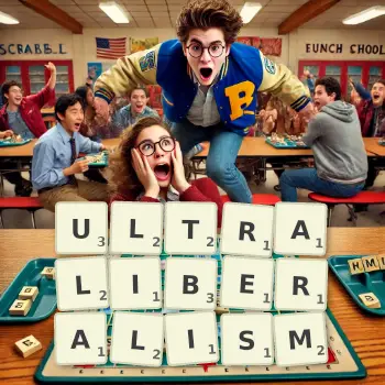 Creative illustration for a Scrabble game with the word ULTRALIBERALISM spelled out in tiles on the board.