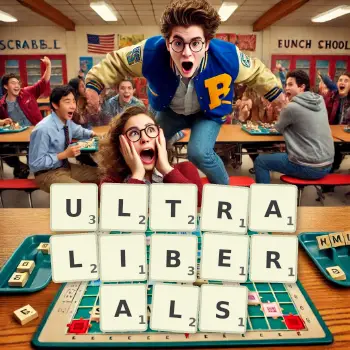 Creative illustration for a Scrabble game with the word ULTRALIBERALS spelled out in tiles on the board.