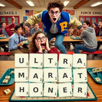 Creative illustration for a Scrabble game with the word ULTRAMARATHONER spelled out in tiles on the board.