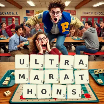 Creative illustration for a Scrabble game with the word ULTRAMARATHONS spelled out in tiles on the board.