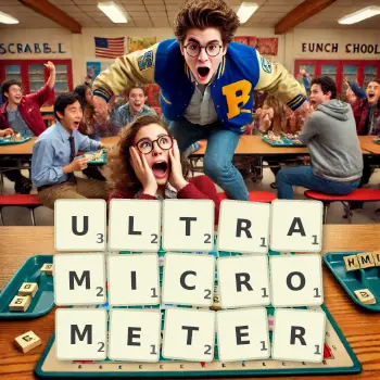 Creative illustration for a Scrabble game with the word ULTRAMICROMETER spelled out in tiles on the board.