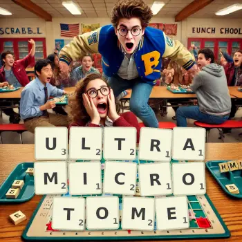 Creative illustration for a Scrabble game with the word ULTRAMICROTOME spelled out in tiles on the board.