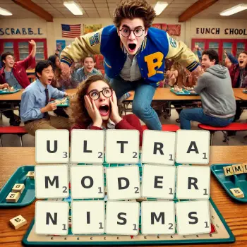 Creative illustration for a Scrabble game with the word ULTRAMODERNISMS spelled out in tiles on the board.
